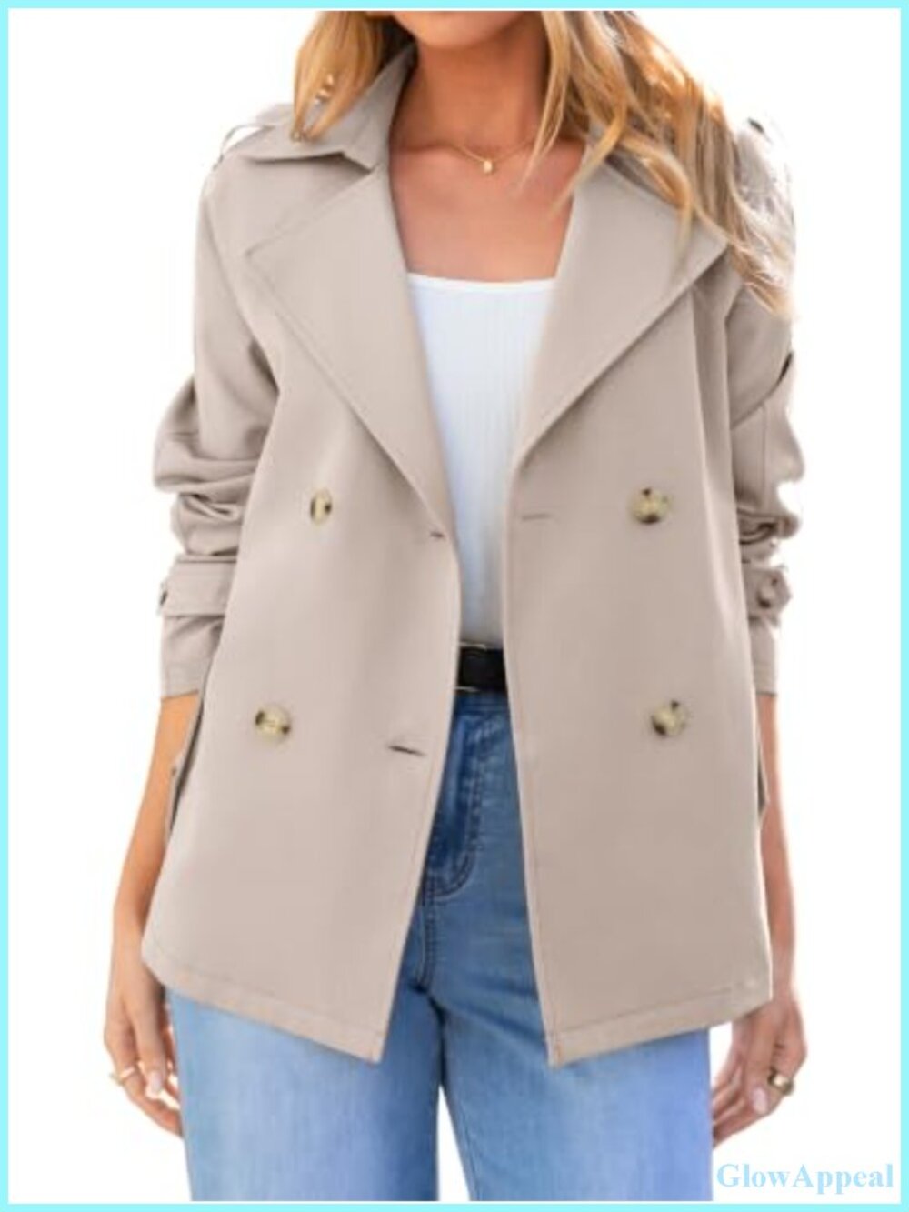Women's Cropped Trench Coat Lightweight Double Breasted Lapel Jacket